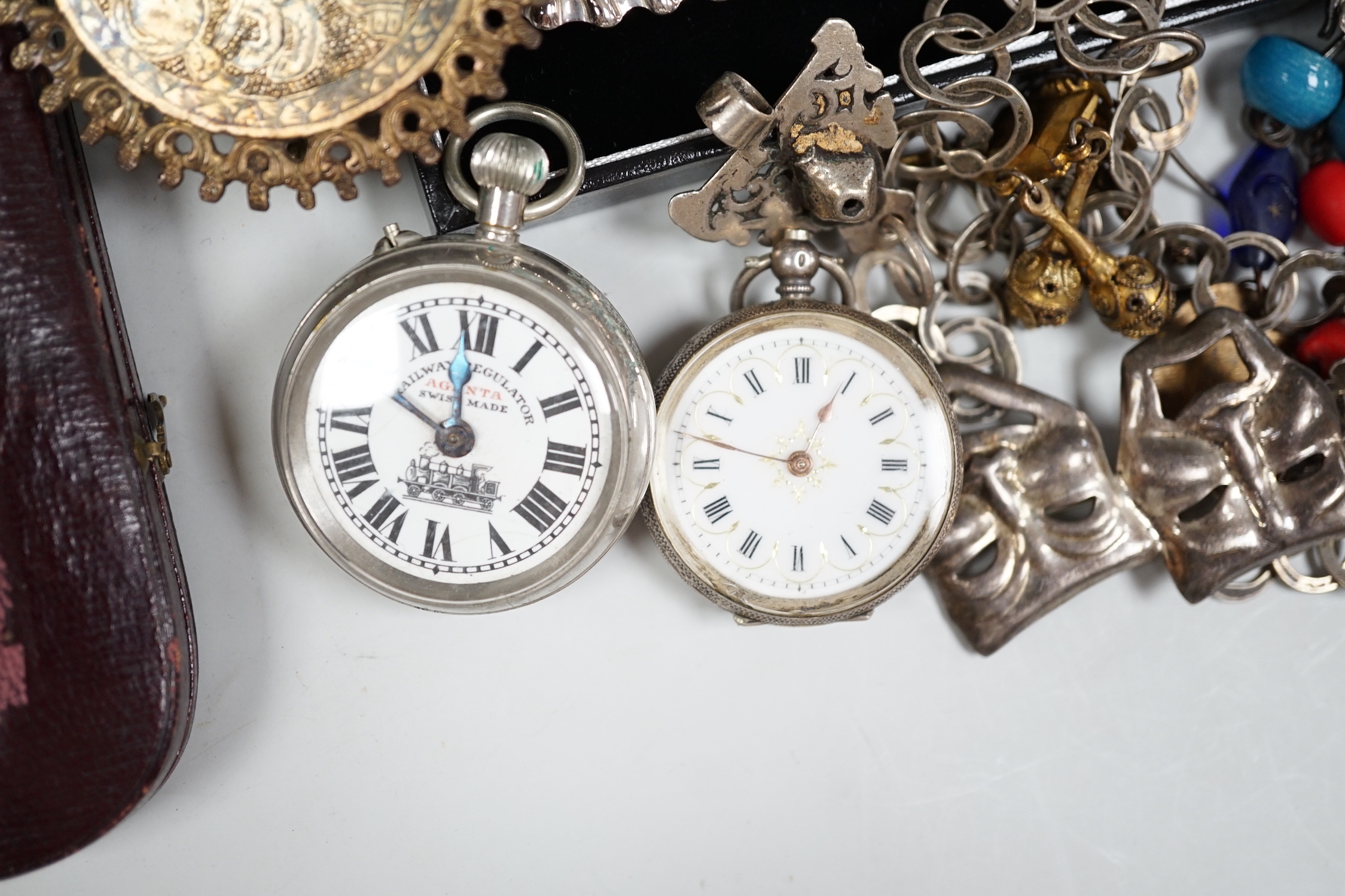 A mixed group of collectables including wrist and pocket watches, coins, costume jewellery fob watch, silver dish etc.